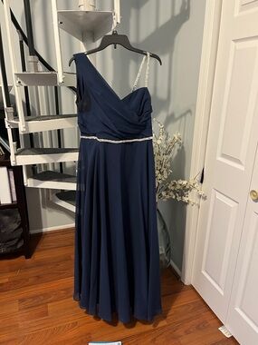 Soft Navy One-Shoulder Gown with Rhinestone Strap and Belt David’s Bridal